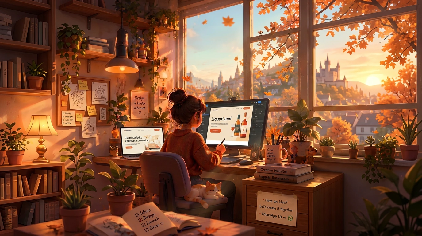 A designer creating landing pages in a warm autumn studio